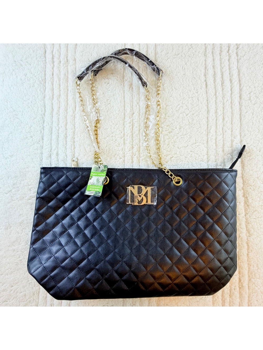 Badgley Mischka BMH-108 Black Quilted Chain Strap Tote Bag NWT Vegan Leather